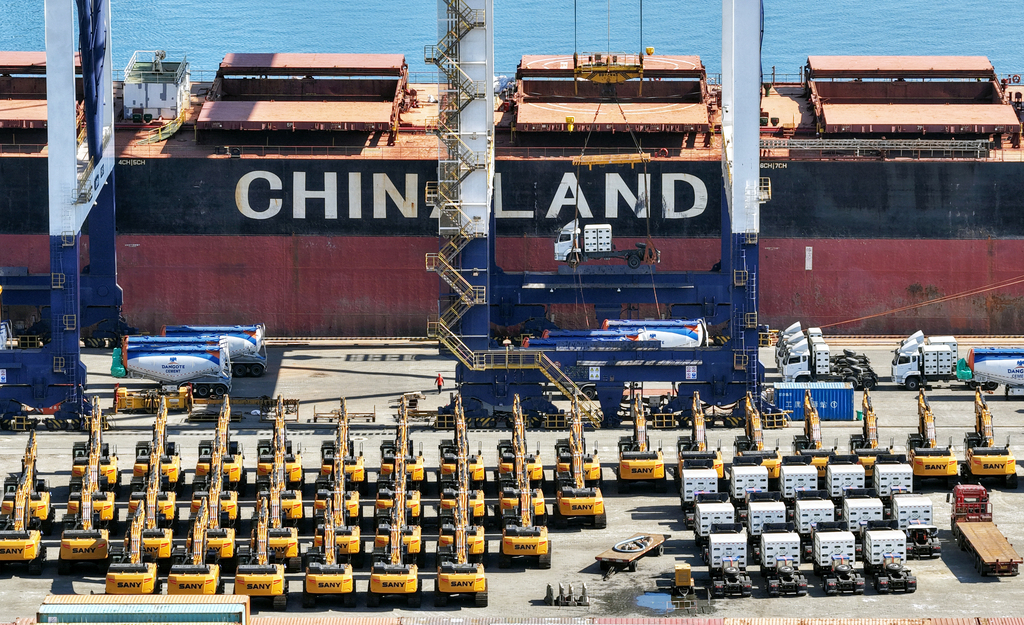 Domestically produced trucks destined for Africa are being loaded onto a China-Africa liner at the Yantai Port in Shandong Province, China, June 11, 2026. /VCG