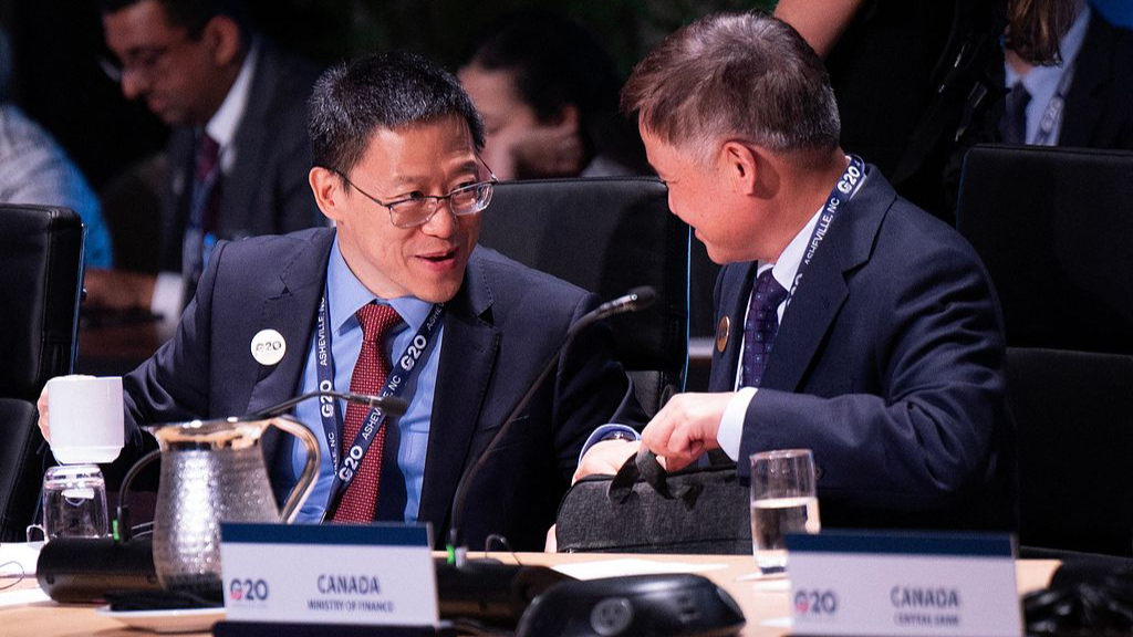 China's Vice Minister of Finance Liao Min and Governor of the People's Bank of China Pan Gongsheng speak with each other at the G20 Finance Ministers and Central Bank Governors meeting, Asheville, North Carolina, the US, September 1, 2026. /VCG