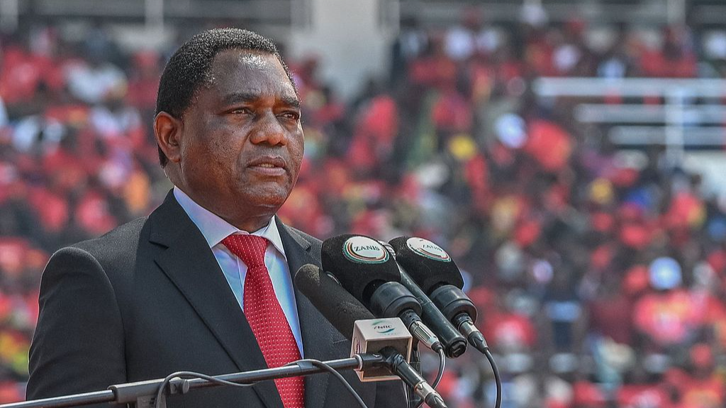 Zambian President Hakainde Hichilema delivers a speech during his swearing-in ceremony at the National Heroes Stadium in Lusaka, September 1, 2026. /Xinhua