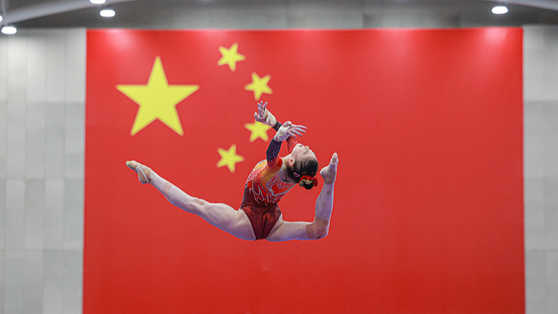 The Chinese women's artistic gymnastics team held practice trials for the Nagoya Asian Games and Rotterdam World Gymnastics Championships at the Training Bureau of the General Administration of Sport of China on September 3, 2026. Photo shows Ke Qinqin. /VCG
