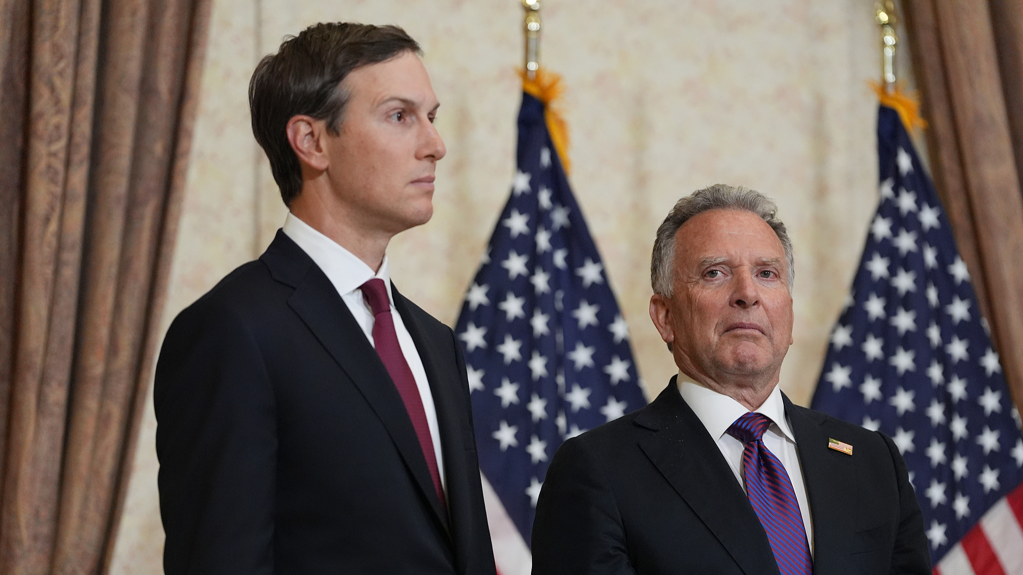 A file photo of Jared Kushner (L) and Steve Witkoff at a news conference after meeting with representatives from Pakistan and Iran, in Islamabad, Pakistan, April 12, 2026. /VCG