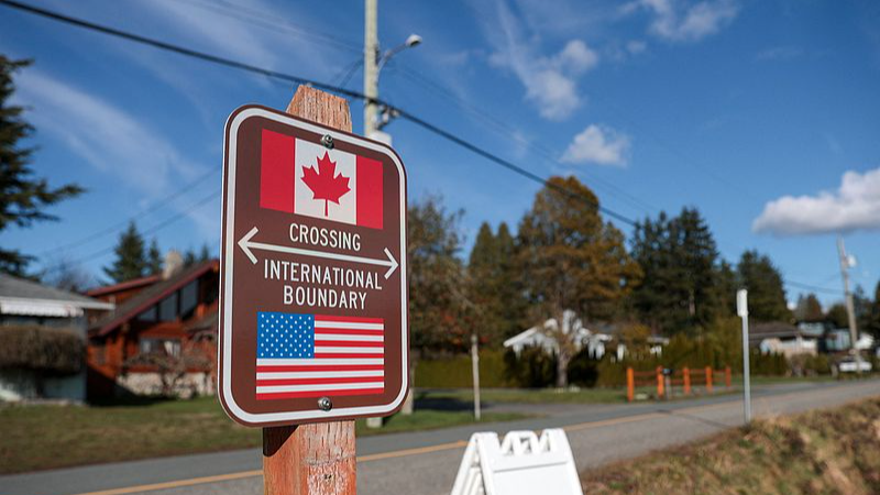 A sign marking the international border between the United States and Canada is pictured at Peace Arch Historical State Park in Blaine, Washington State, US, March 5, 2025. /VCG