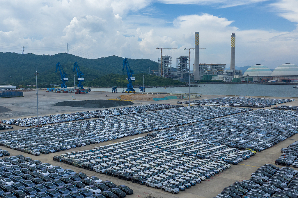 A view of new energy vehicles parked at Xiaomo International Logistics Port in the Shenshan Special Cooperation Zone, Shenzhen, Guangdong Province, China, July 9, 2024. /VCG