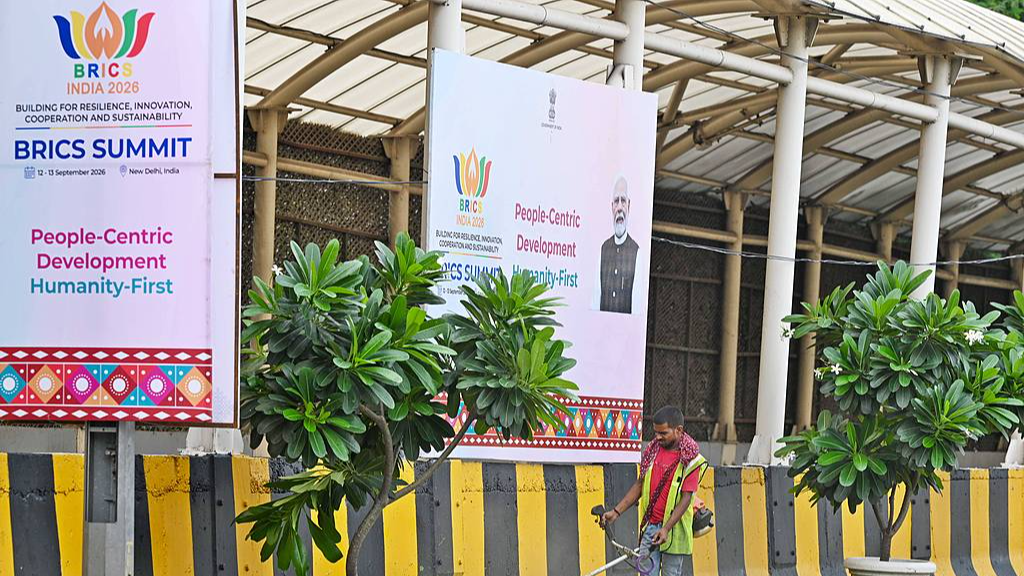A worker carries out preparation work near Bharat Mandapam, where the upcoming BRICS Summit will be held in New Delhi, India, September 6, 2026. /VCG