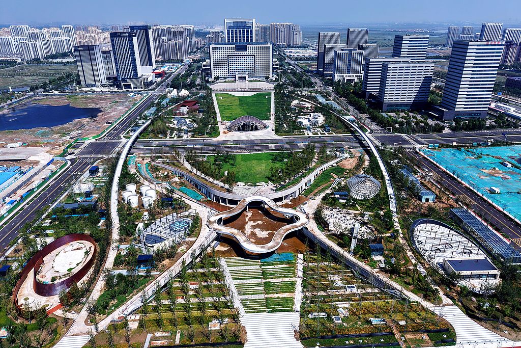 An aerial photo of the China-SCO Local Economic and Trade Cooperation Demonstration Area in Qingdao, east China's Shandong Province, September 2, 2025. /VCG