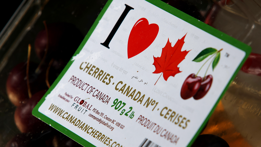 Many Canadians are increasing purchases of Canadian-made and Canadian-sourced products at grocery stores following an escalation of the US-Canada trade tariff dispute. The picture shows a package of cherries displaying a Canadian-related label, Brampton, Ontario, August 30, 2026. /VCG