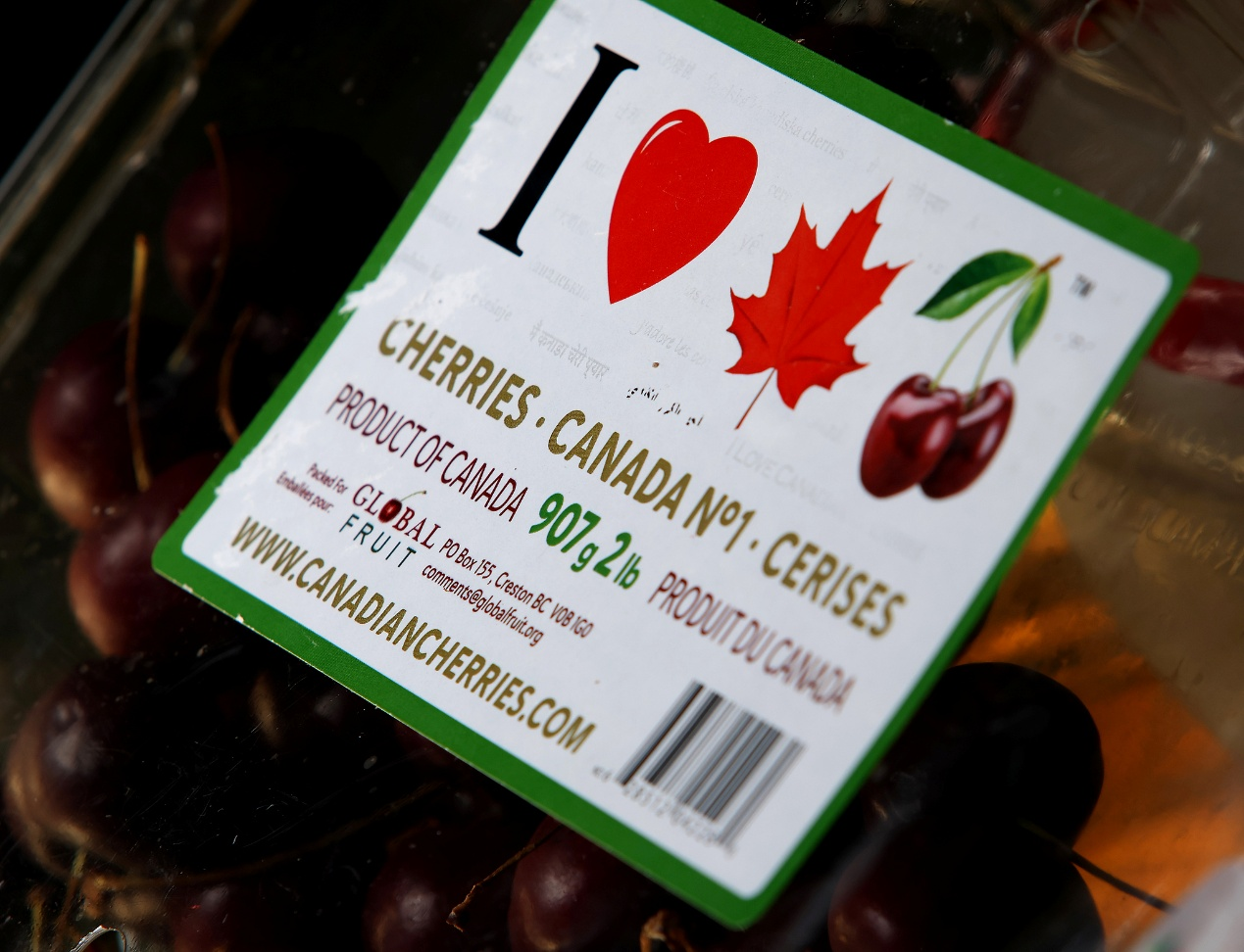 A package of cherries with Canadian labeling is displayed in Brampton, Ontario, Canada, on August 30, 2026. /VCG