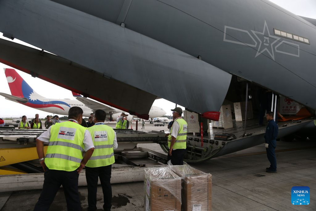 A transport aircraft carrying Chinese relief supplies arrives at Tribhuvan International Airport in Kathmandu, Nepal, September 8, 2026. /Xinhua