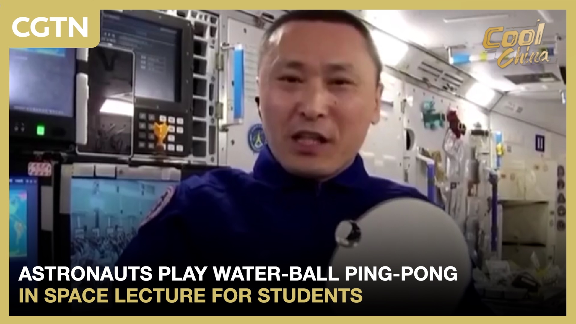 Astronauts play water-ball ping-pong in space lecture for students