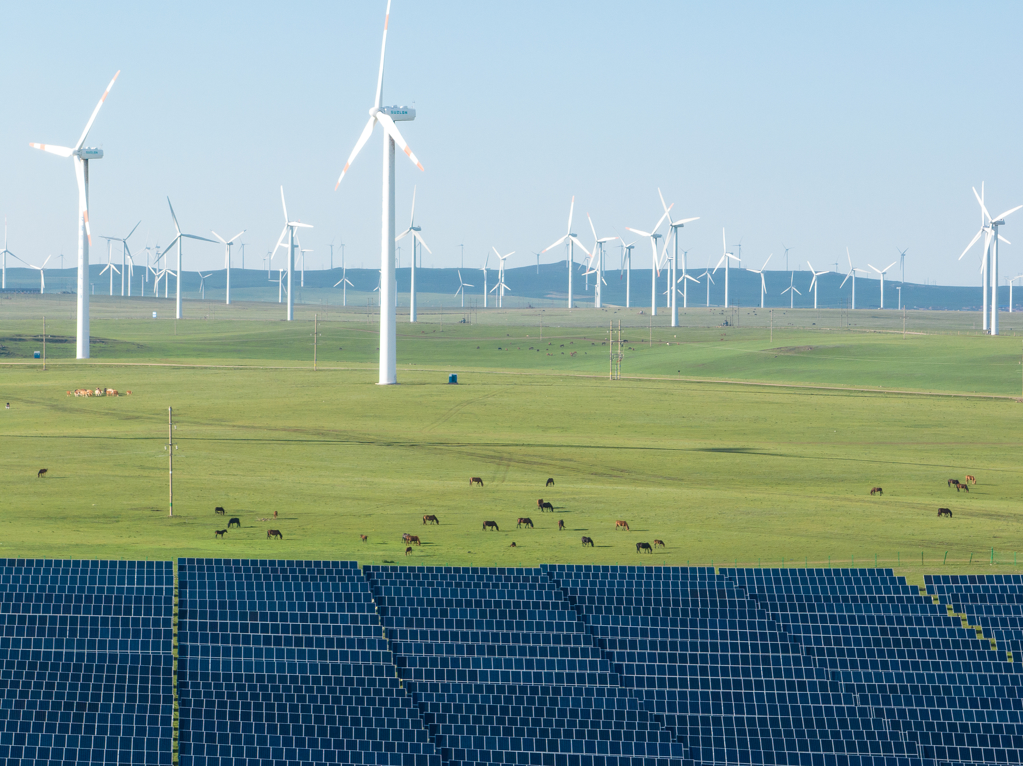 Solar panels and wind turbines on the grassland in Ulanqab, Inner Mongolia Autonomous Region, north China. /VCG