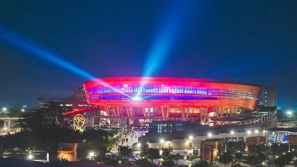 An evening view of the Bharat Mandapam complex in New Delhi, the host of the 2026 BRICS Summit, seen here on February 17, 2026. /VCG
