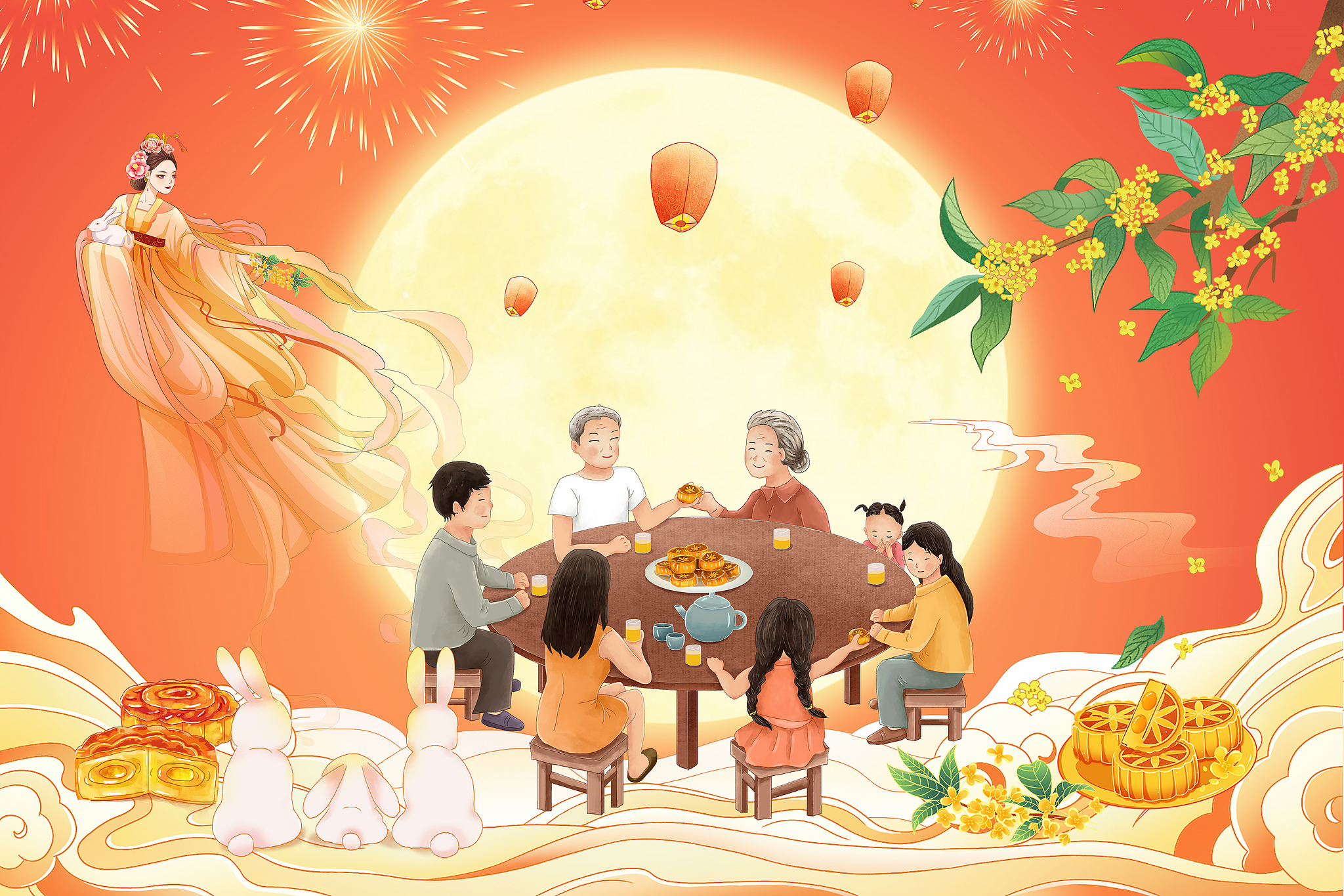 An illustration of the Mid-Autumn Festival when families gather, lanterns are lit, and mooncakes are cut into wedges and shared. /VCG