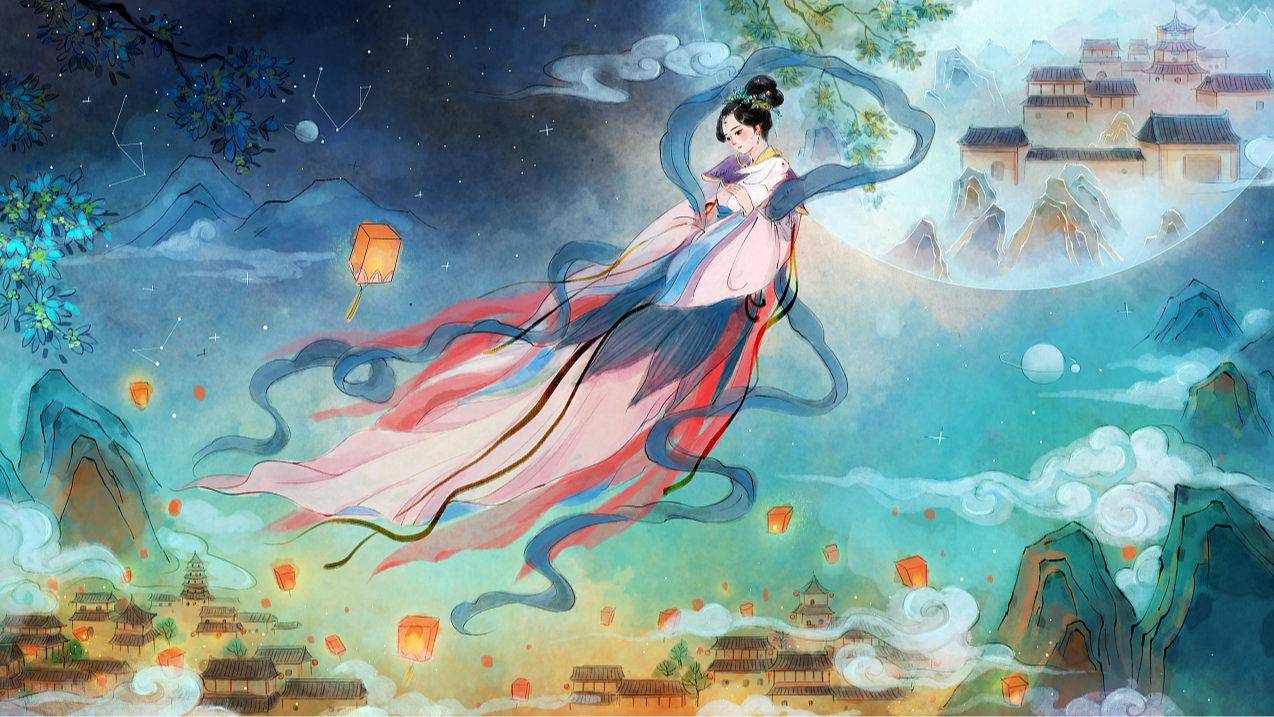 An illustration depicting the legend of Chang'e, with the moon and Guanghan Palace at the backdrop. /VCG