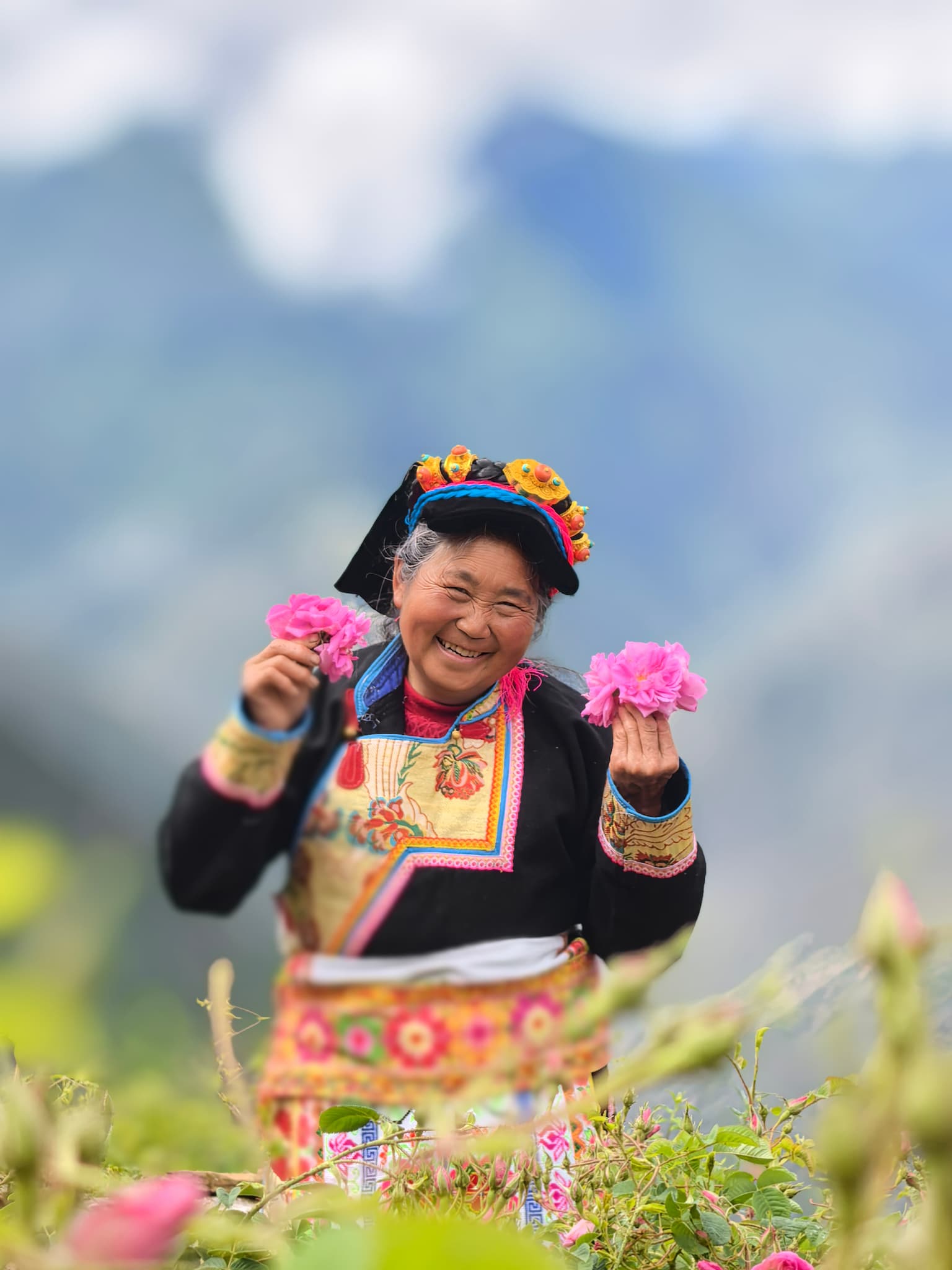 A rose farmer shows freshly picked roses in Xiaojin County, Sichuan Province, June 24, 2026./Courtesy of Chen Wanglun