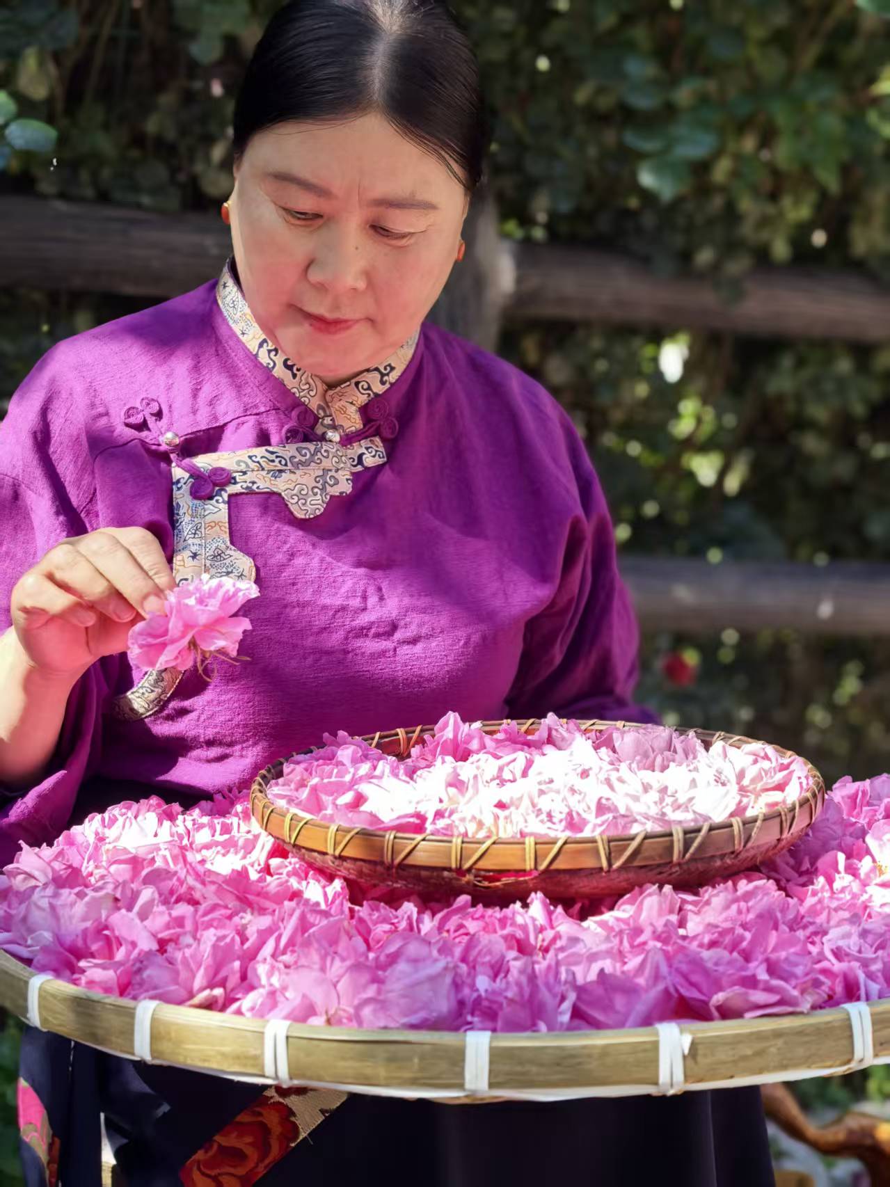Chen Wanghui carefully examines freshly picked roses in Xiaojin County, Sichuan Province, July 5, 2026./Courtesy of Chen Wanglun