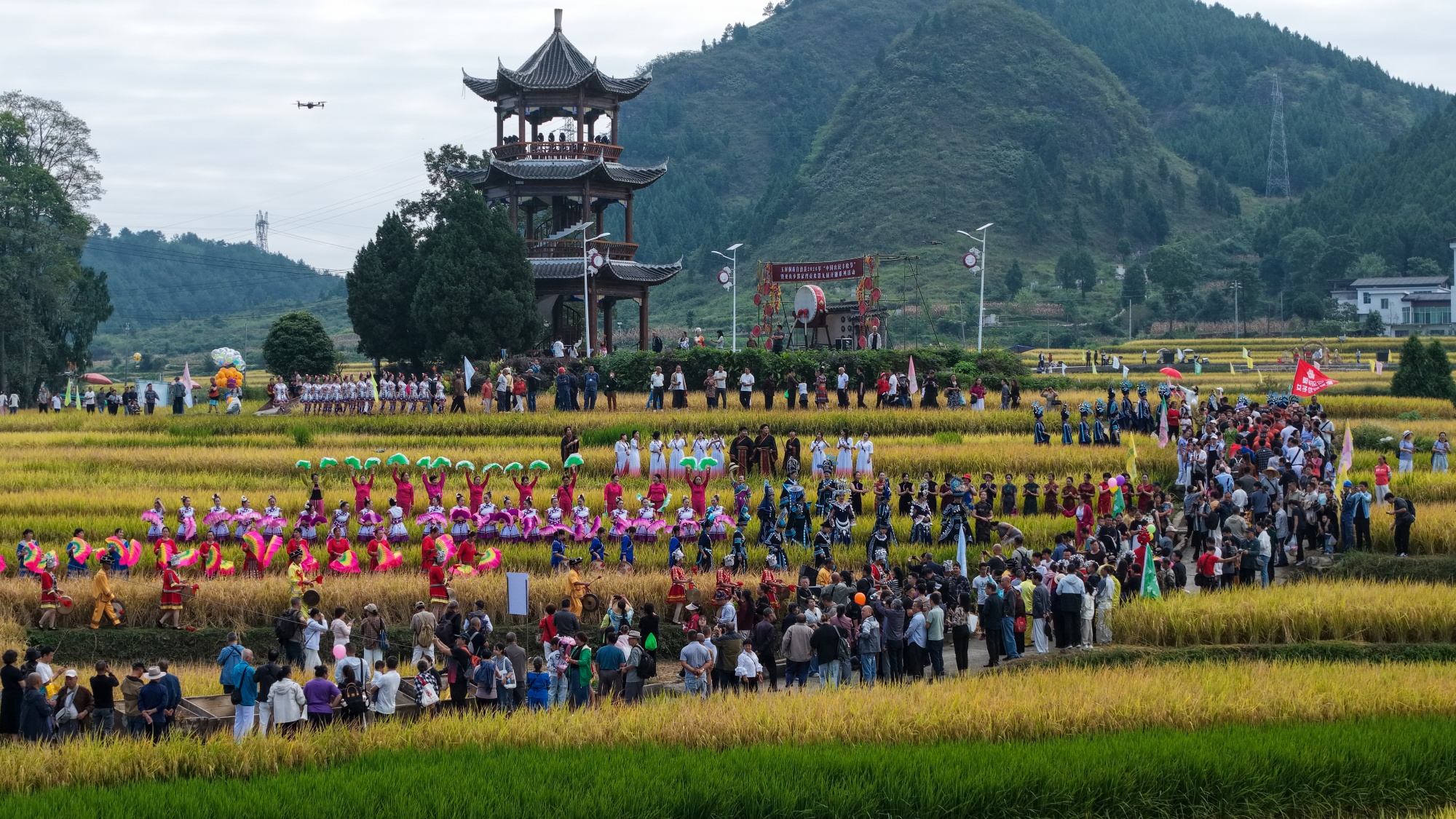 The 9th annual rice harvest opening ceremony of Guojiawan Village is held in Yuping Dong Autonomous County, southwest China's Guizhou Province on September 12, 2026. /Tongren Media Convergence Center