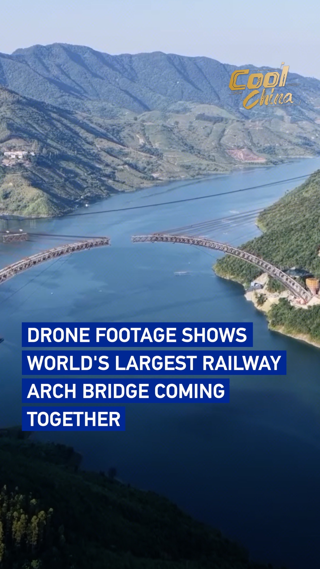 Drone footage shows world's largest railway arch bridge coming together
