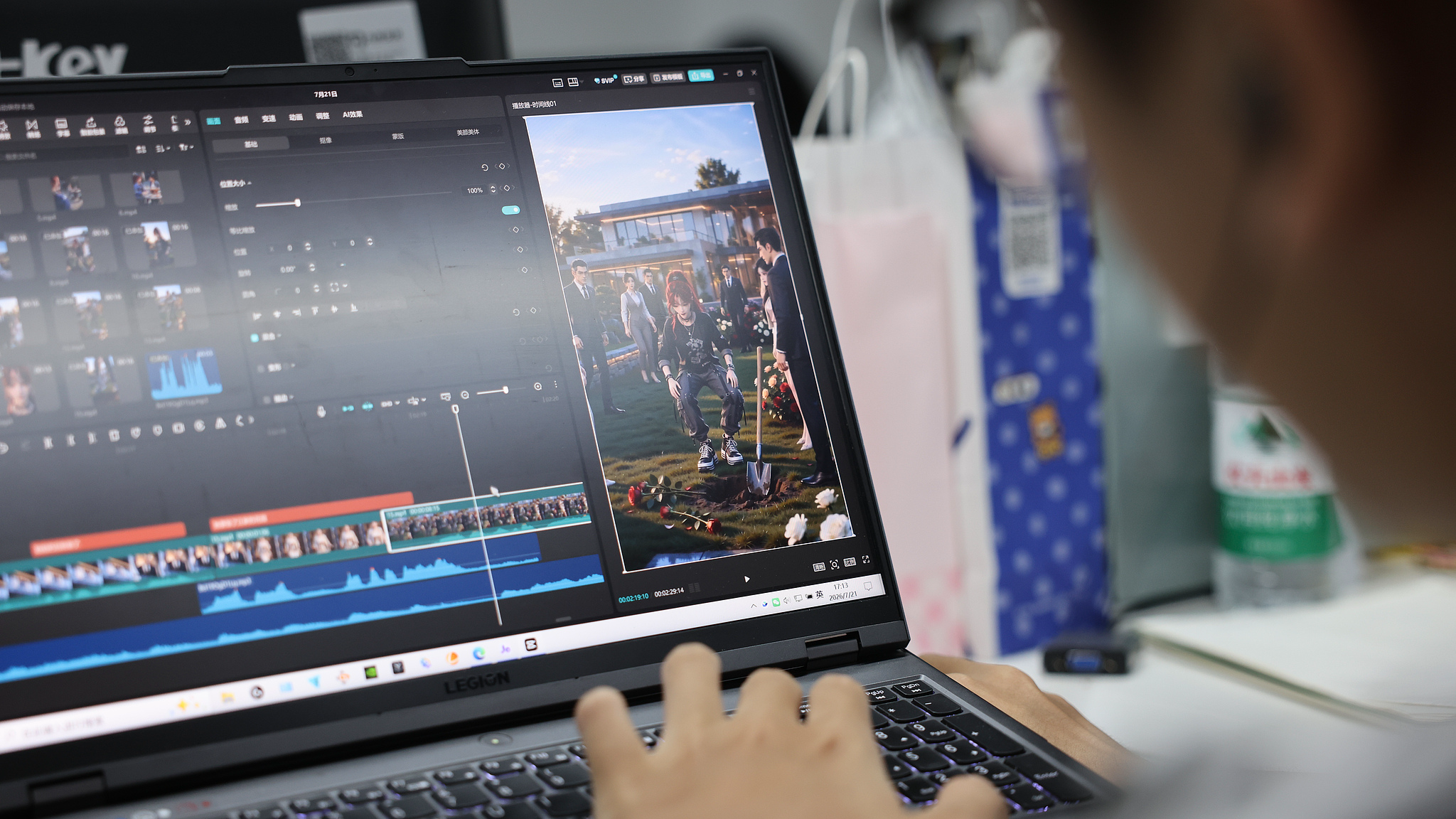 Staff members work on post-production for an AI-generated micro-drama at a micro-drama production company in Jiaxing, east China's Zhejiang Province, July 21, 2026. /VCG