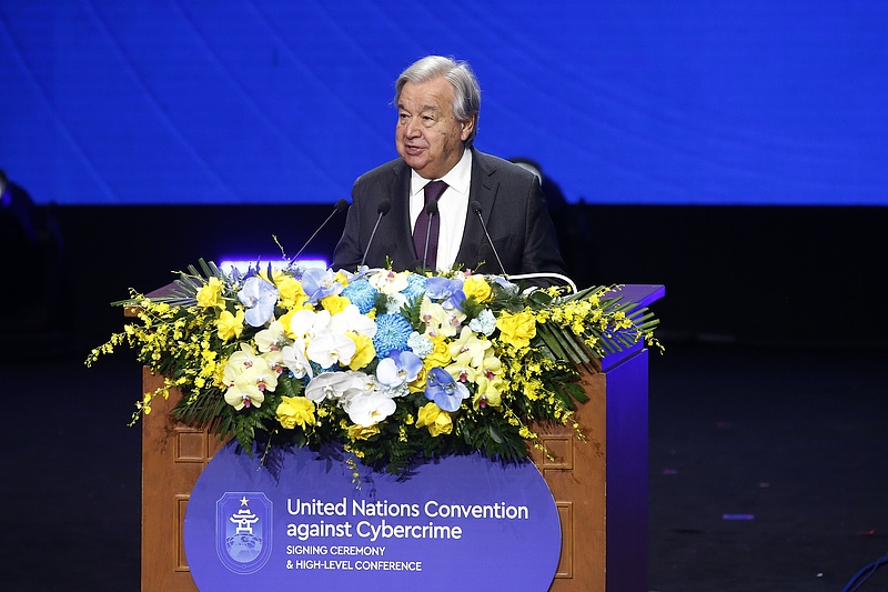UN Secretary-General Antonio Guterres delivers a speech during the signing ceremony of the United Nations Convention against Cybercrime and High-level Conference, at the National Convention Center in Hanoi, Vietnam, October 25, 2025. /CFP