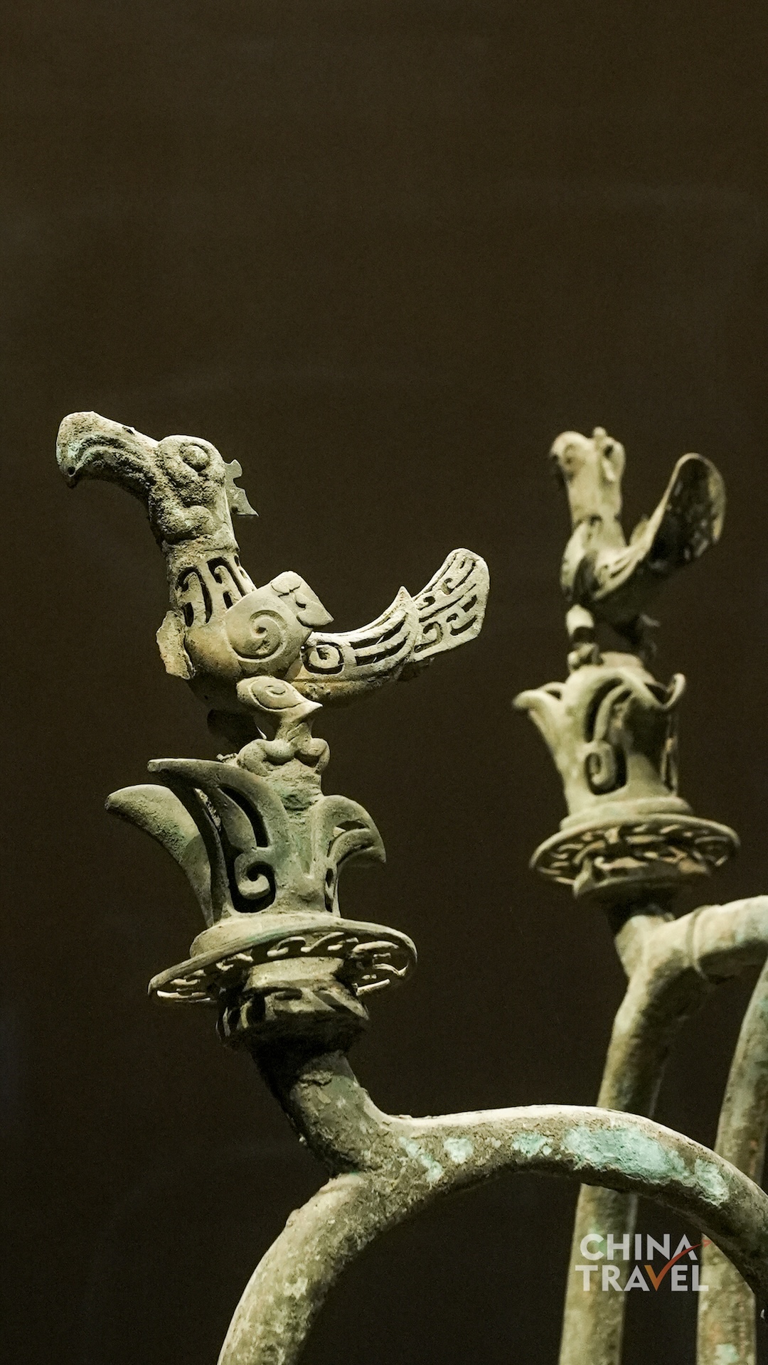 Crested birds perch within curling and openwork bronze branches, their raised heads and extended beaks creating an alert rhythm. /CGTN