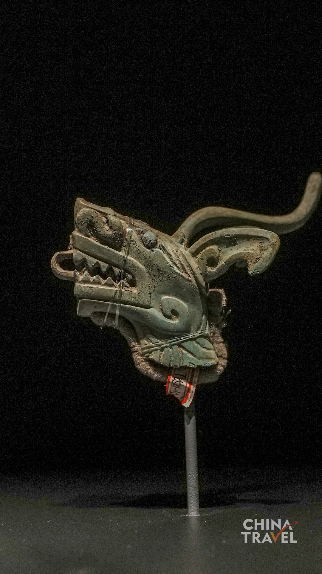 Close views of long-snouted and horned heads highlight open jaws, rounded eyes and tightly coiled ornamental motifs. /CGTN