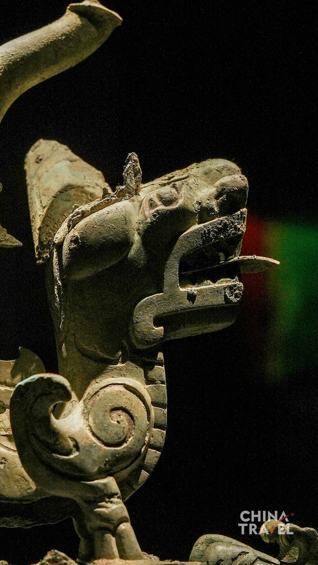 Close views of long-snouted and horned heads highlight open jaws, rounded eyes and tightly coiled ornamental motifs. /CGTN
