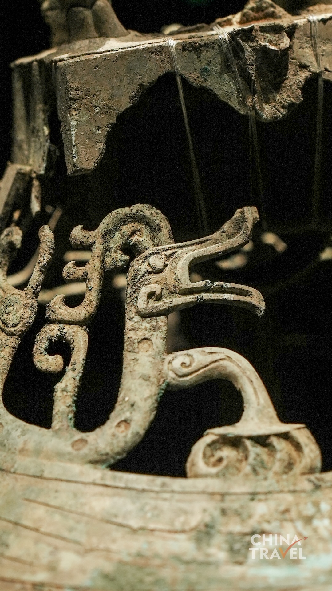 Close views of long-snouted and horned heads highlight open jaws, rounded eyes and tightly coiled ornamental motifs. /CGTN