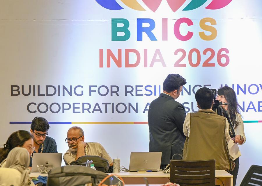 Media staff work at the media center at Bharat Mandapam, the main venue of the 18th BRICS Summit in New Delhi, India, September 12, 2026. /Xinhua