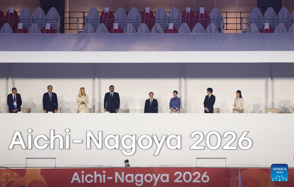 Japanese Emperor Naruhito (4th R), Empress Masako (3rd R), International Olympic Committee (IOC) President Kirsty Coventry (3rd L) and President of the Olympic Council of Asia Sheikh Joaan Bin Hamad Al Thani (4th L) arrive before the opening ceremony of the 20th Asian Games Aichi-Nagoya 2026 in Nagoya, Japan, September 19, 2026. /Xinhua News Agency