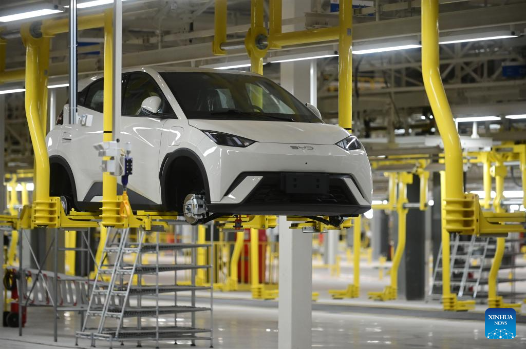 A partially assembled new energy vehicle at BYD's production base in Camacari, Bahia State, Brazil, July 1, 2025. /Xinhua