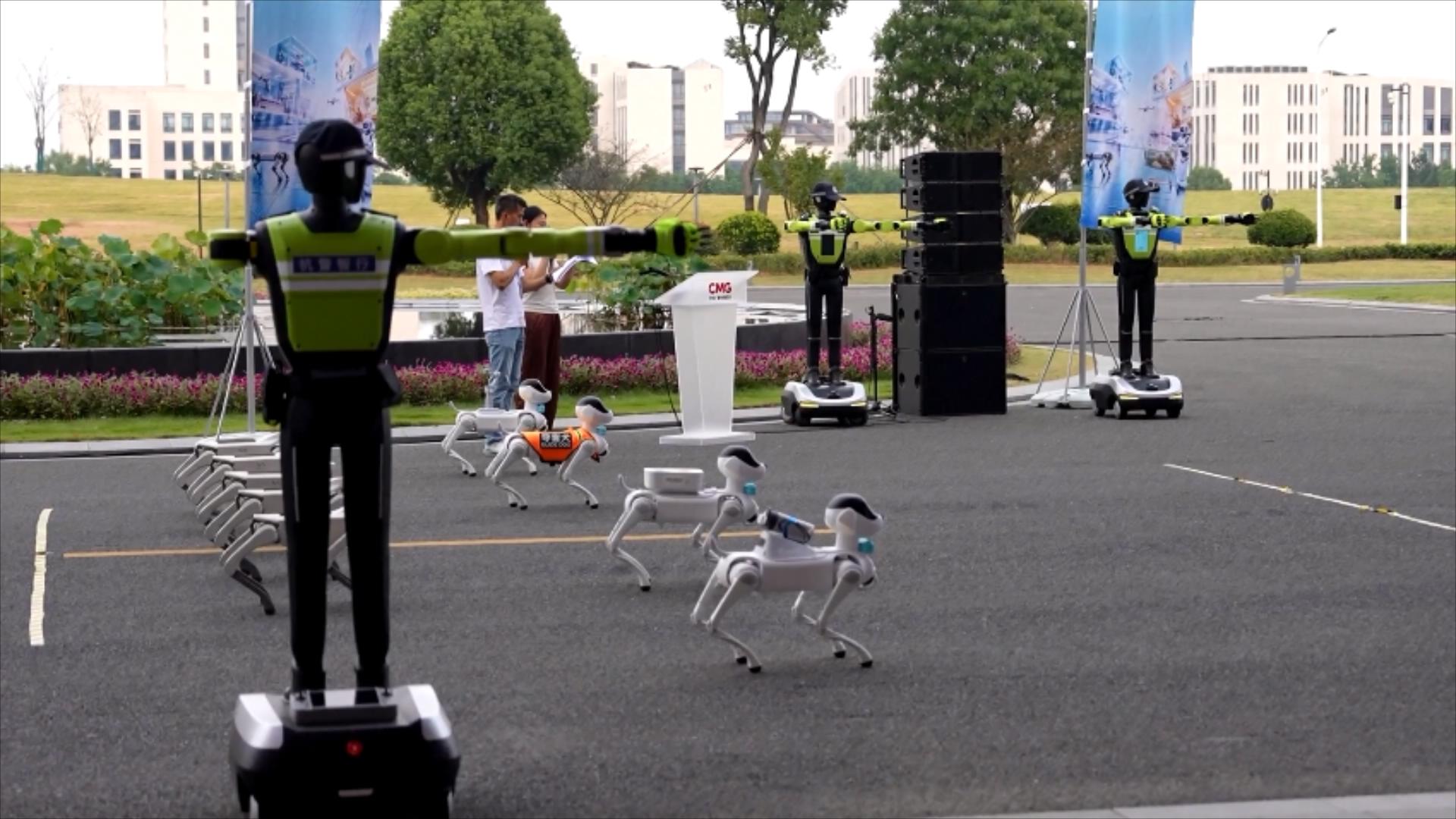 Various robots are seen during a rehearsal ahead of the Zhejiang leg of the first Intelligent Robot Application Skills Exhibition, Hangzhou City, Zhejiang Province, east China. /CMG