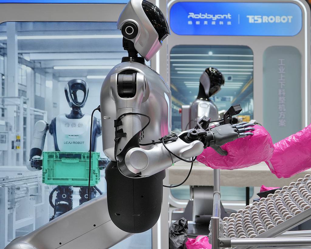 Humanoid robots working on a logistics and parcel delivery line at the World Robot Conference, Beijing, August 20, 2026. /VCG