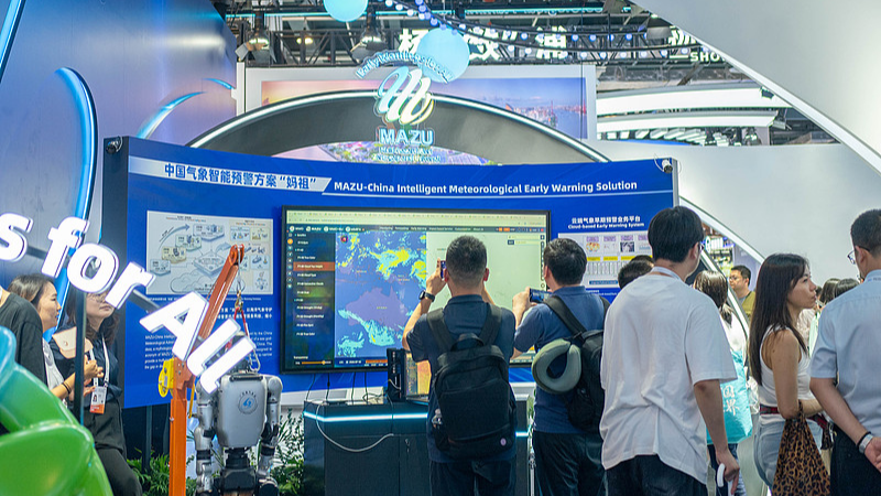 An exhibition booth showcases the MAZU AI meteorological early warning platform at the 2026 World AI Conference in Shanghai, China, July 18, 2026. /CFP