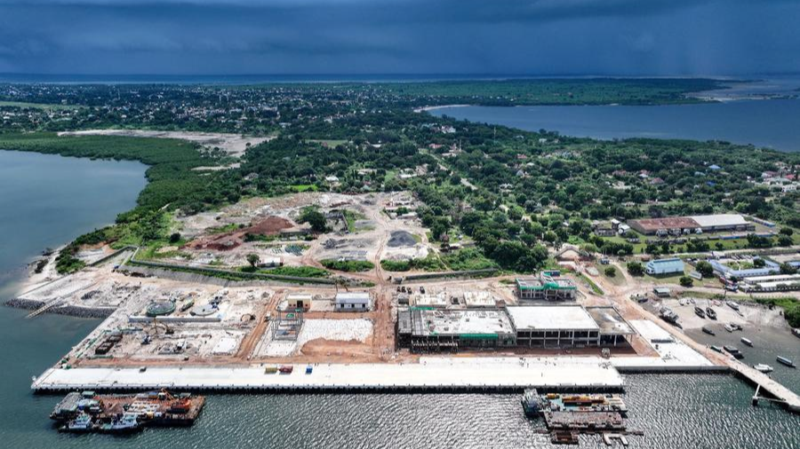 An aerial view of the Kilwa Fishing Harbor, Tanzania's first modern large-scale fishing harbor, under construction by China Harbor Engineering Company Ltd., Tanzania, April 23, 2025. /Xinhua