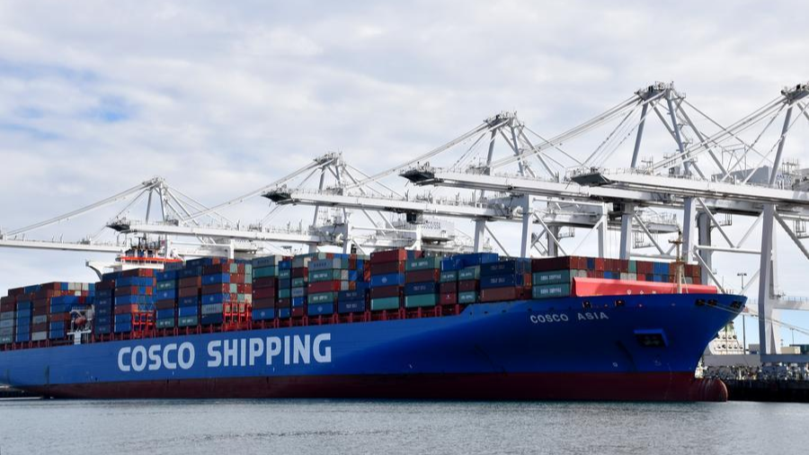 A file photo of containers of China COSCO Shipping Corporation Limited at the Port of Long Beach in Los Angeles County, California, the United States, February 27, 2019. /Xinhua