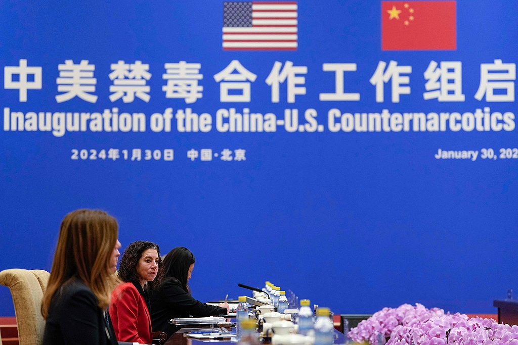 The China-US counternarcotics working group is launched at the Diaoyutai State Guesthouse in Beijing, capital of China, January 30, 2024. /VCG
