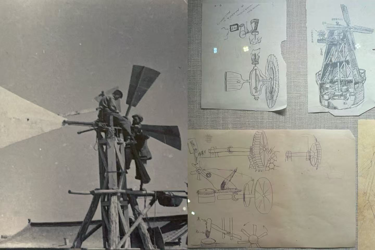 L: Erwin Engst builds a windmill at Sanbian Ranch; R: A windmill designed by Joan Hinton to better harness wind resources.