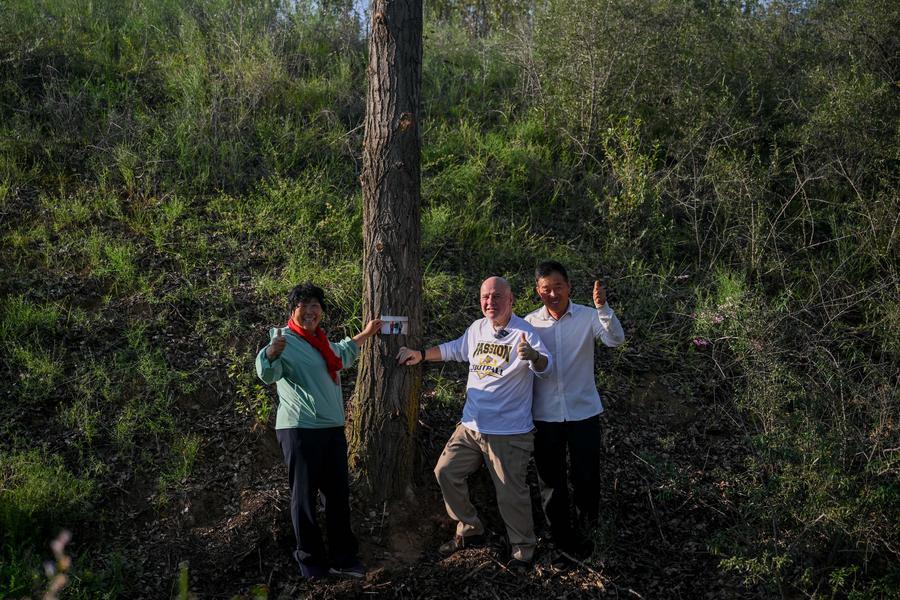 Yin Yuzhen (L) and Ronald Sakolsky (M) pose for a photo with a tree they once planted together in the Maowusu Sandy Land in north China's Inner Mongolia Autonomous Region, August 24, 2026. /Xinhua