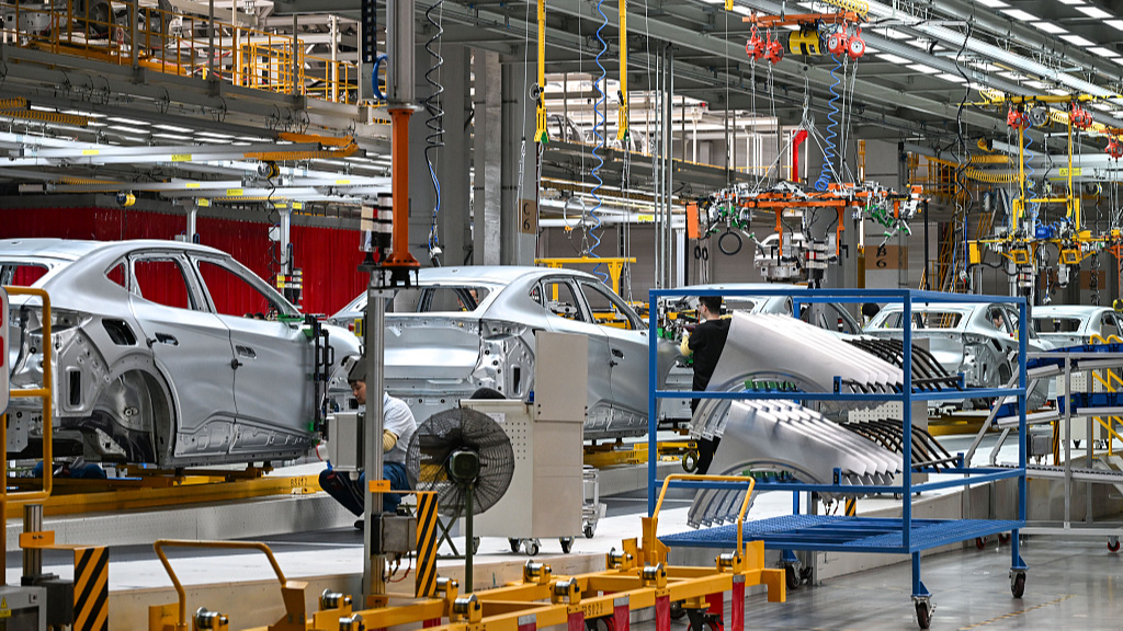 An electric vehicle production line is seen in Volkswagen Anhui, Volkswagen Group’s first majority-owned joint venture for new energy vehicles in China, Hefei City, capital of east China's Anhui Province, May 21, 2025. /VCG
