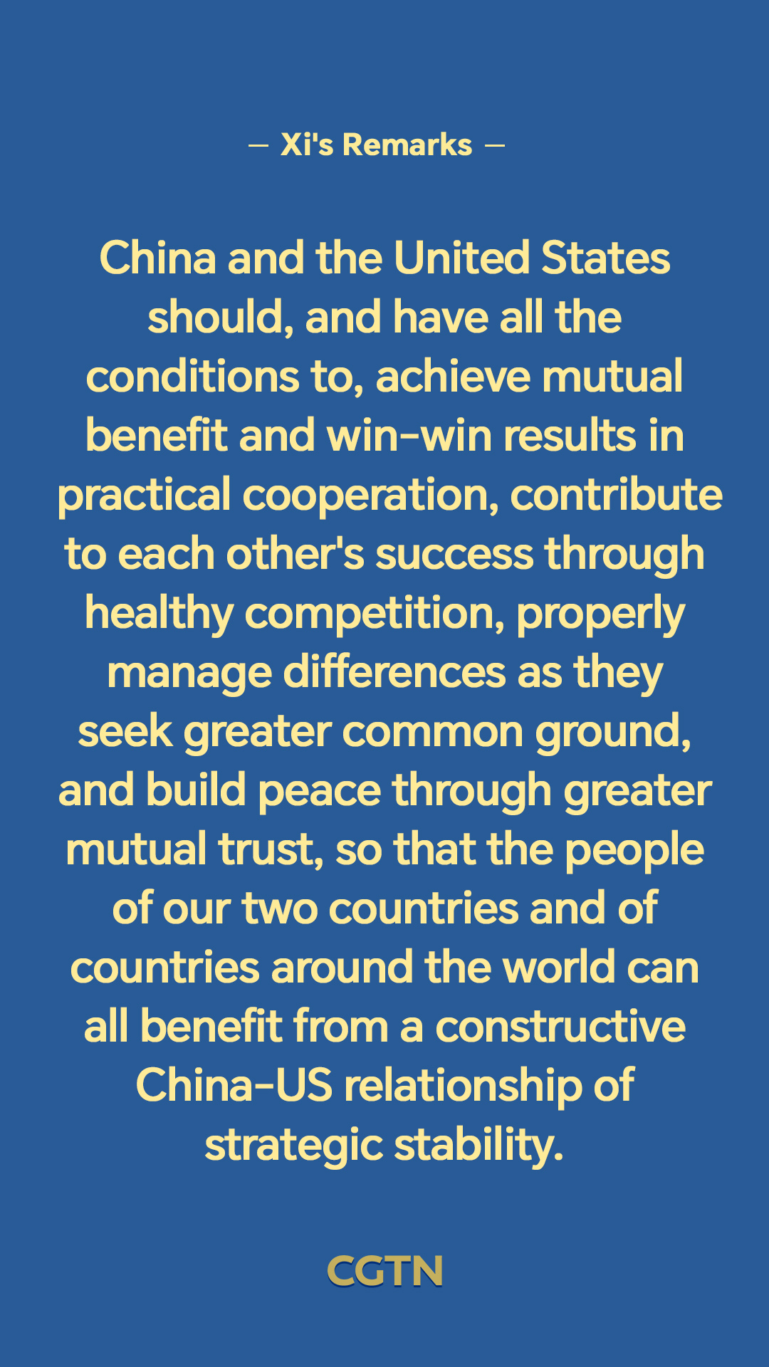 Key remarks from President Xi Jinping in meeting with US President Donald Trump