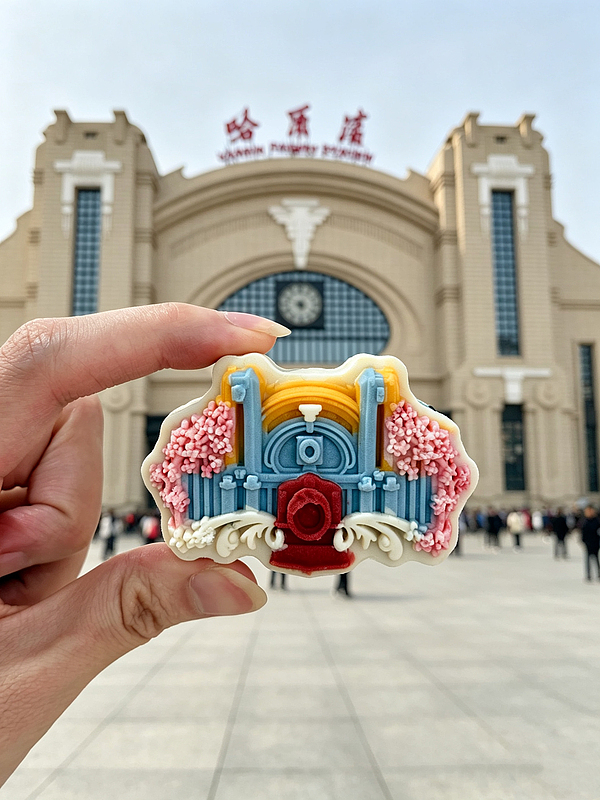 A taste of the city! A mooncake modelled on Harbin Railway Station is pictured with the station in the background in Harbin, northeast China’s Heilongjiang Province, on September 24, 2026. /VCG