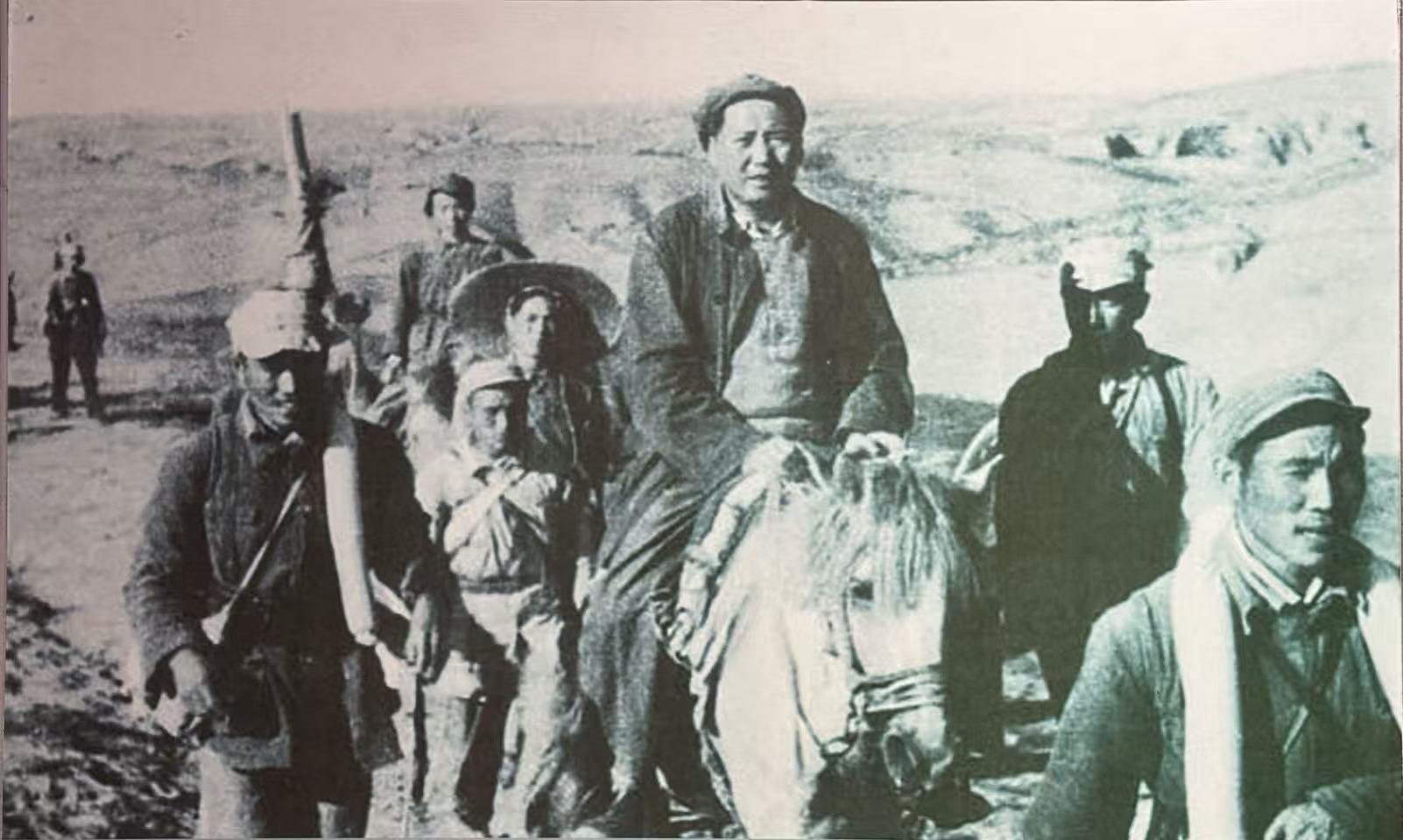 A photo of Mao Zedong leaving Yan'an in March 1947, on display at Wuqi Revolutionary Memorial Hall, Yan'an.