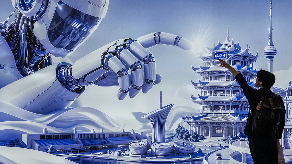 A visitor poses in front of a humanoid robot billboard at the AI exhibition area of the China International Supply Chain Expo, Beijing, China, June 26, 2026. /VCG
