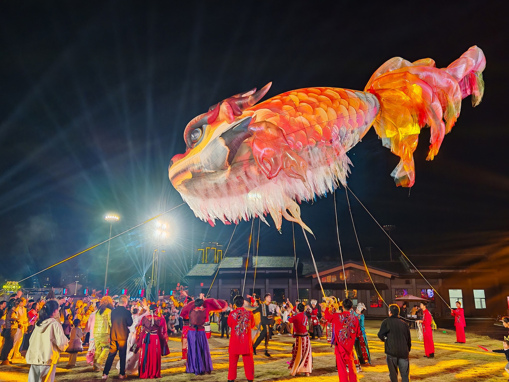 A giant luminous fish art installation floats in the air watched by tourists at a park in Yunmeng, Hubei Province, central China, October 2, 2026. /CFP