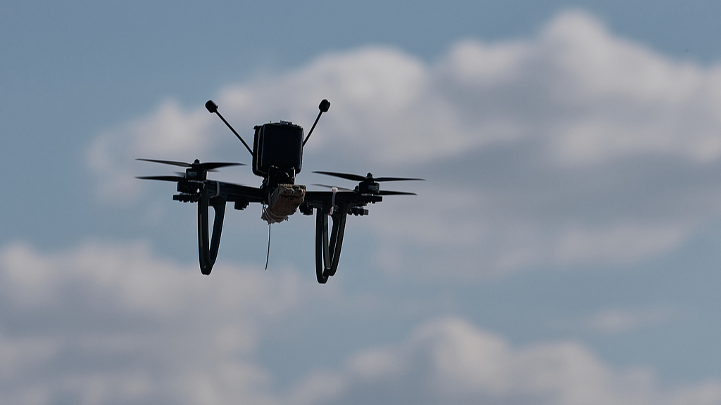 A Ukrainian drone is seen in the Kherson region, Ukraine, April 5, 2026. /VCG