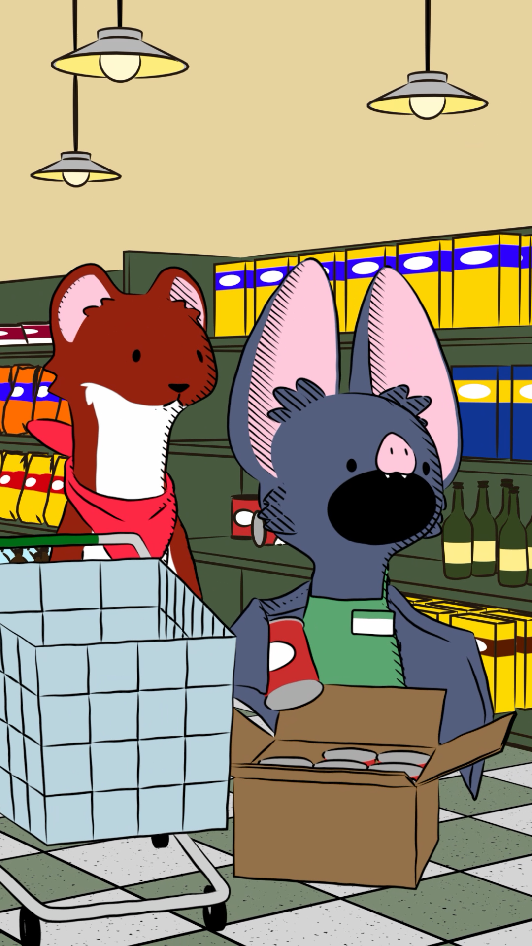A bat character working in a grocery store uses echolocation to find goods. /Natural Habitat Shorts