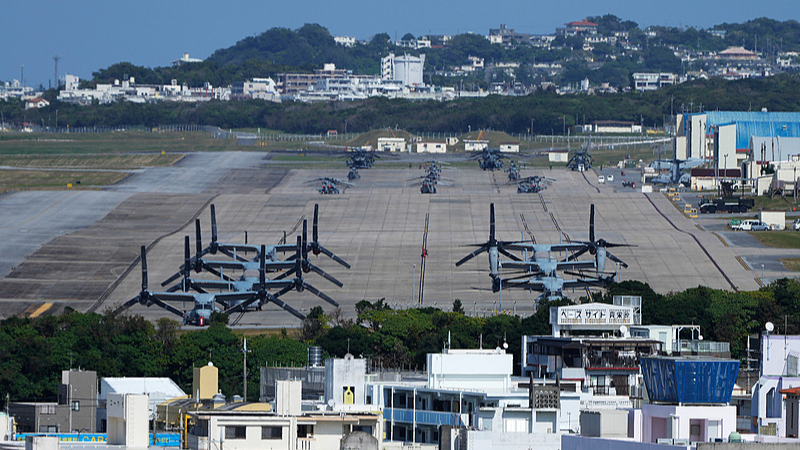 File photo of US MV-22 Osprey transport aircraft parked at the US Marine Corps Air Station Futenma in Ginowan, Okinawa Prefecture, Japan, February 18, 2025. /VCG
