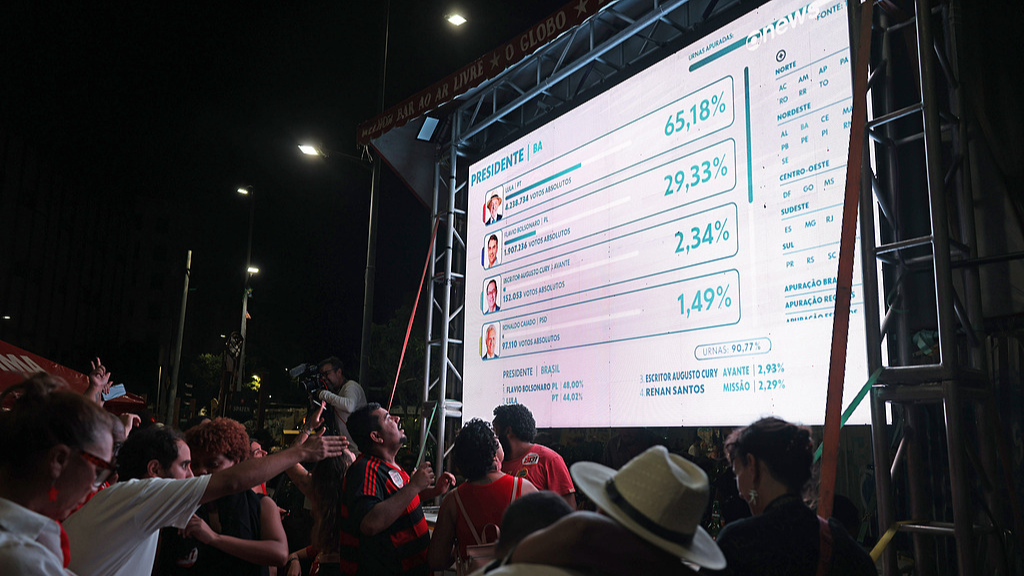 Supporters of candidate Luiz Inacio Lula da Silva react to the vote count news on a big screen during general election day, Rio de Janeiro, Brazil, October 4, 2026. /VCG