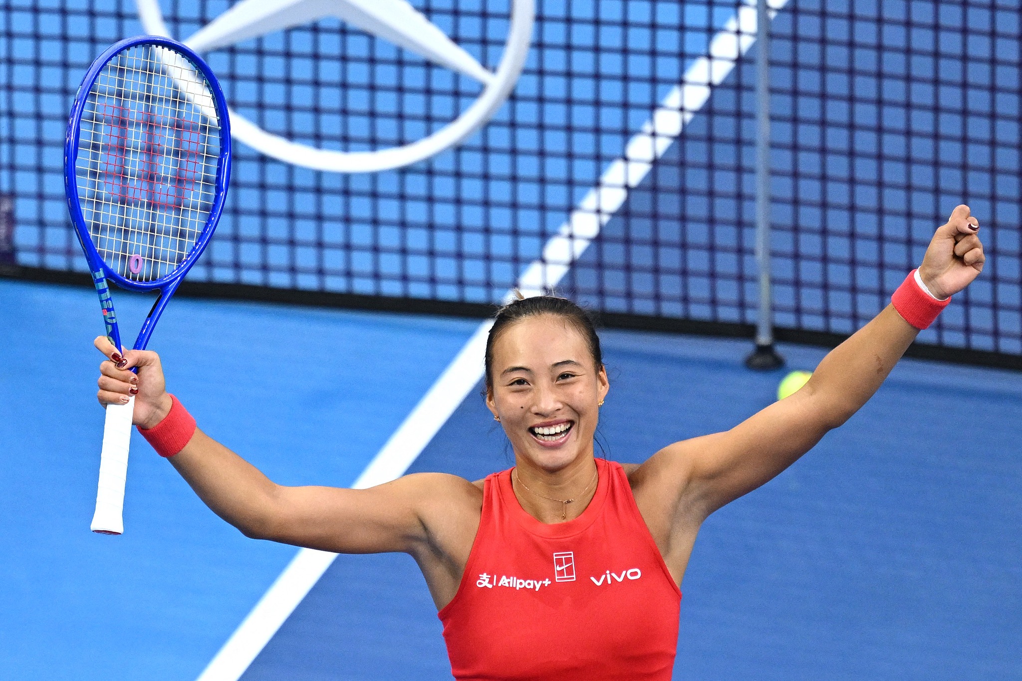 China’s Zheng Qinwen celebrates after defeating Czech Republic’s Marie Bouzkova in their women’s singles match at the China Open tennis tournament in Beijing, China, October 5, 2026. /VCG