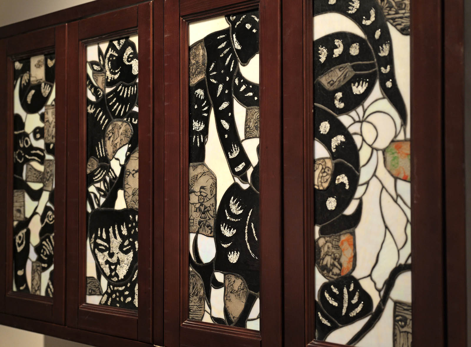 A set of glass artworks is seen on display at the ongoing 